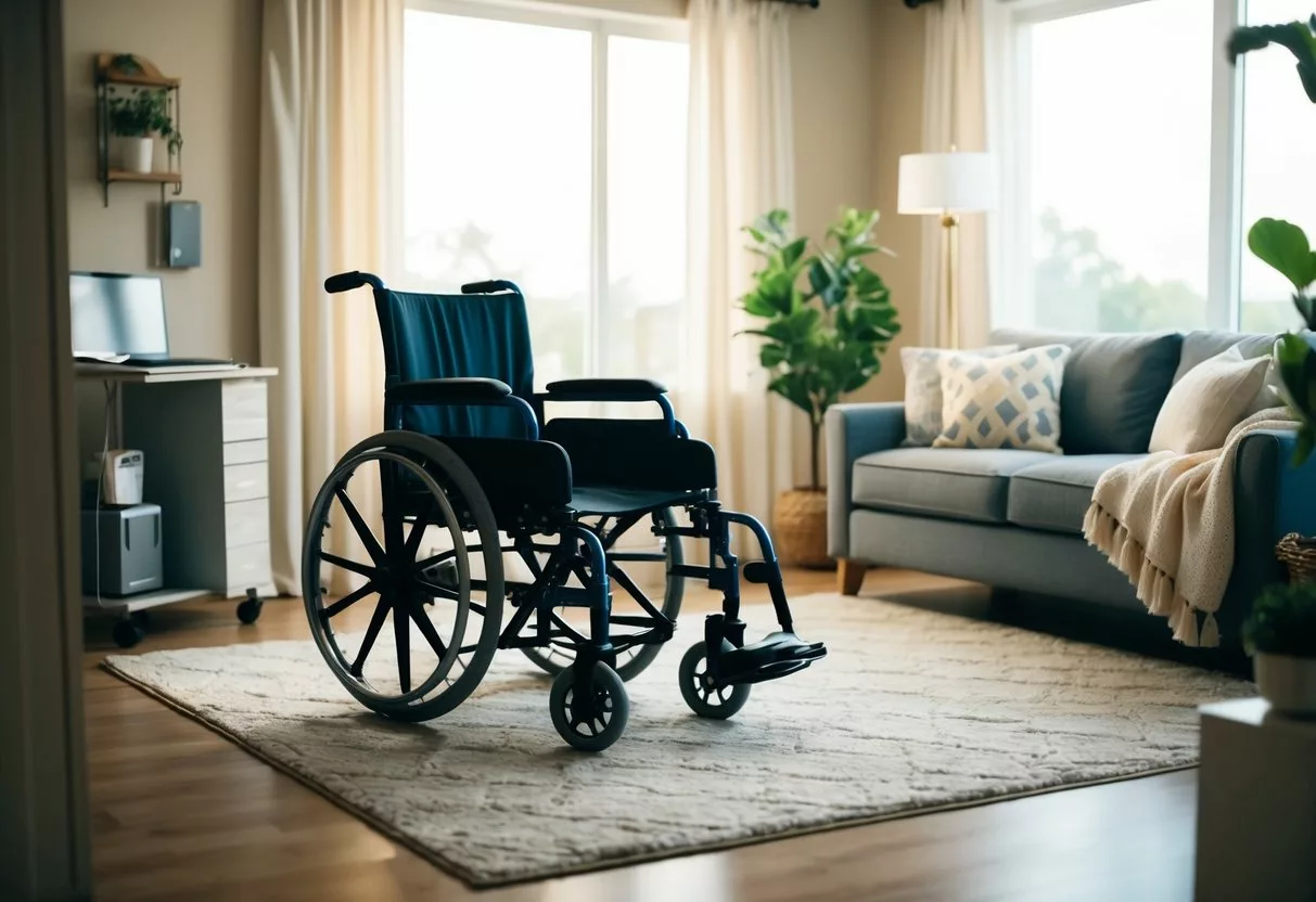 A cozy living room with a wheelchair and medical equipment, surrounded by comforting decor and natural light from a large window