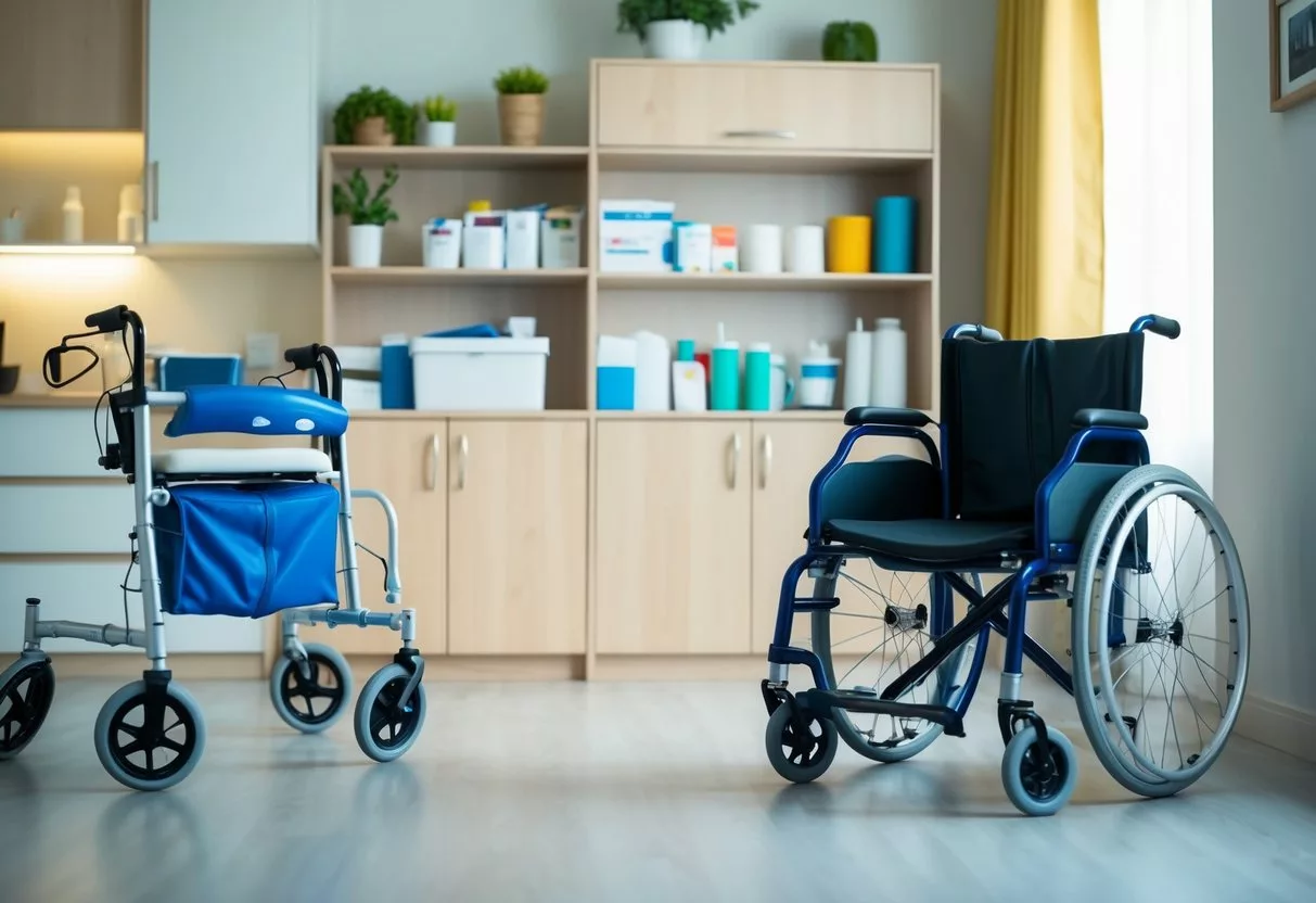 A home with a wheelchair, walker, and medical supplies arranged neatly on shelves and tables