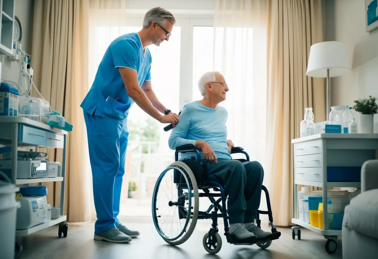 A home with a caregiver assisting a patient in a wheelchair, surrounded by medical equipment and supplies