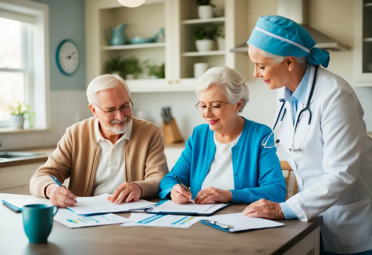 A senior couple sits at a kitchen table reviewing paperwork while a home health care nurse explains Medicare coverage