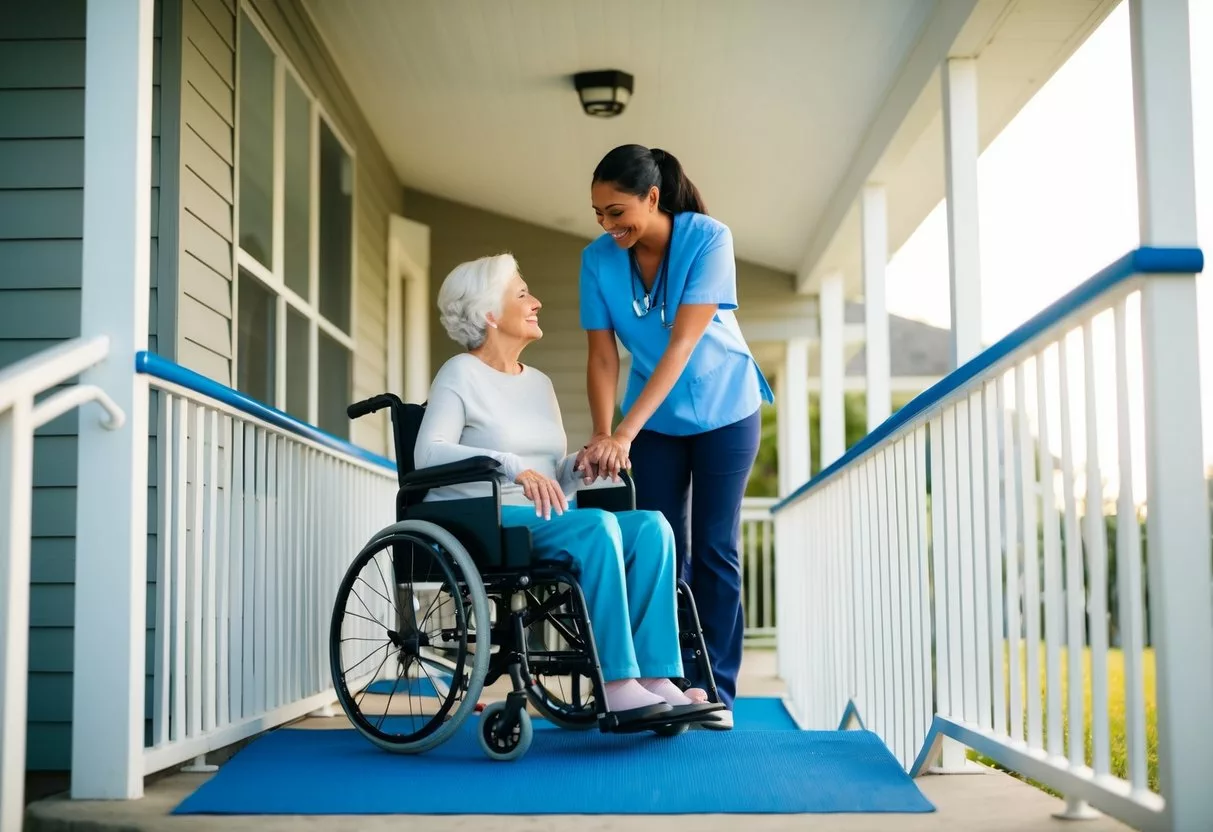 A home with a wheelchair ramp and a friendly caregiver assisting a client with daily tasks