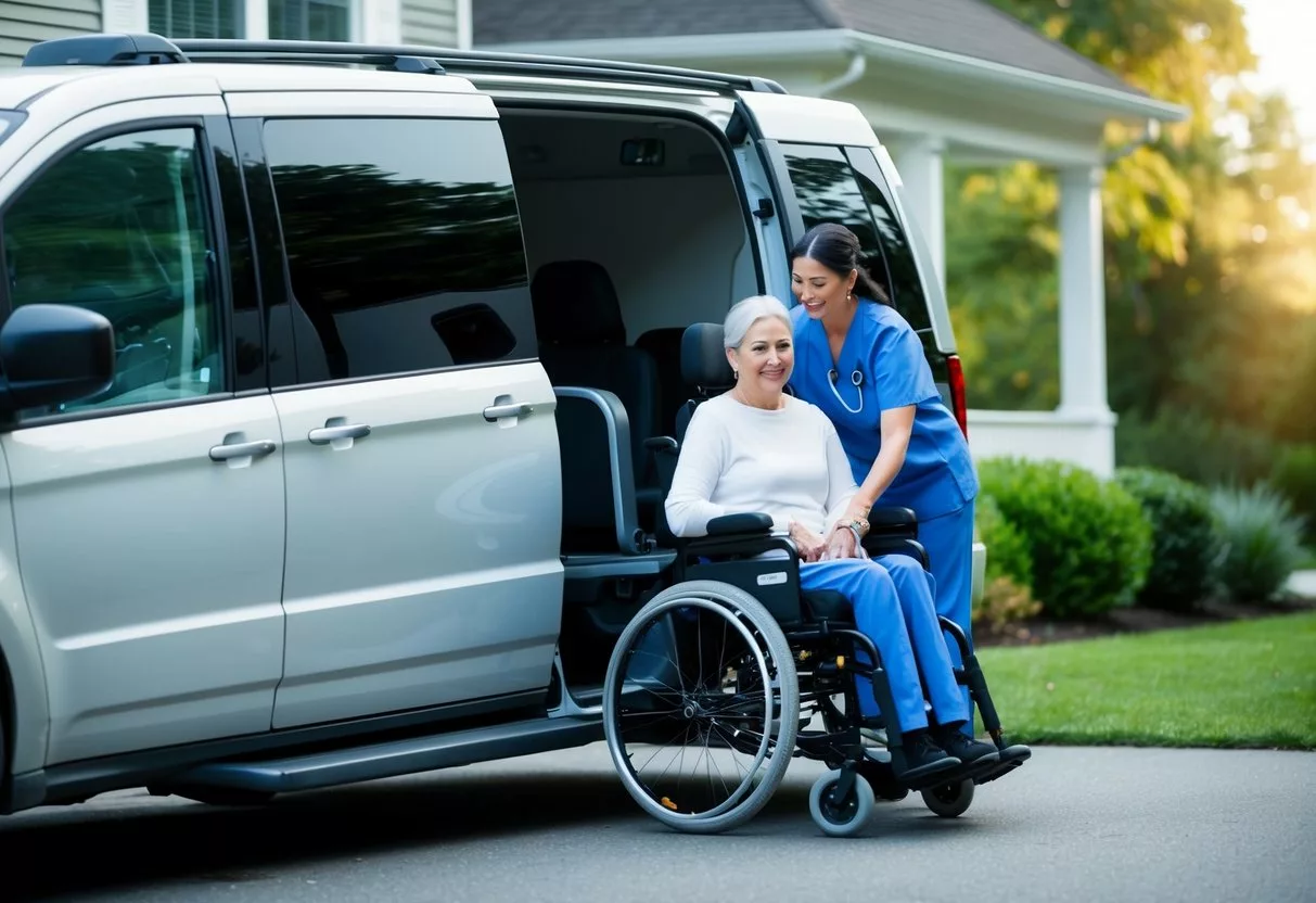 A wheelchair-accessible van parked outside a home, with a caregiver assisting a person into the vehicle