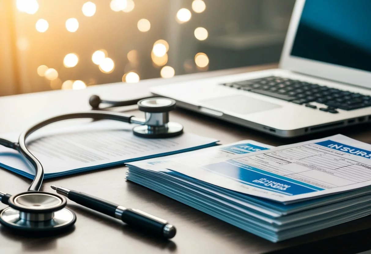 A desk with a laptop, pen, and paper. A stethoscope and blood pressure cuff sit nearby. A stack of insurance forms and brochures is on the desk