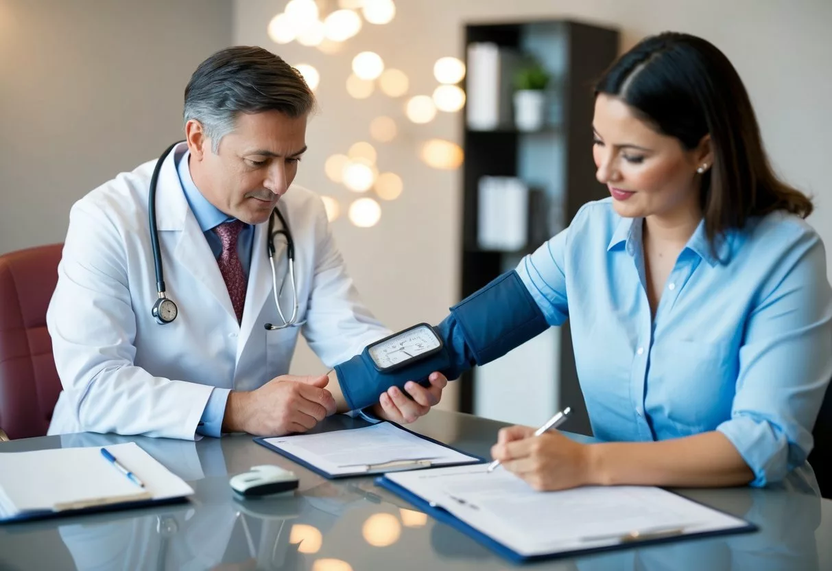 A doctor in a white coat examines a client's blood pressure, while another client fills out paperwork at a desk