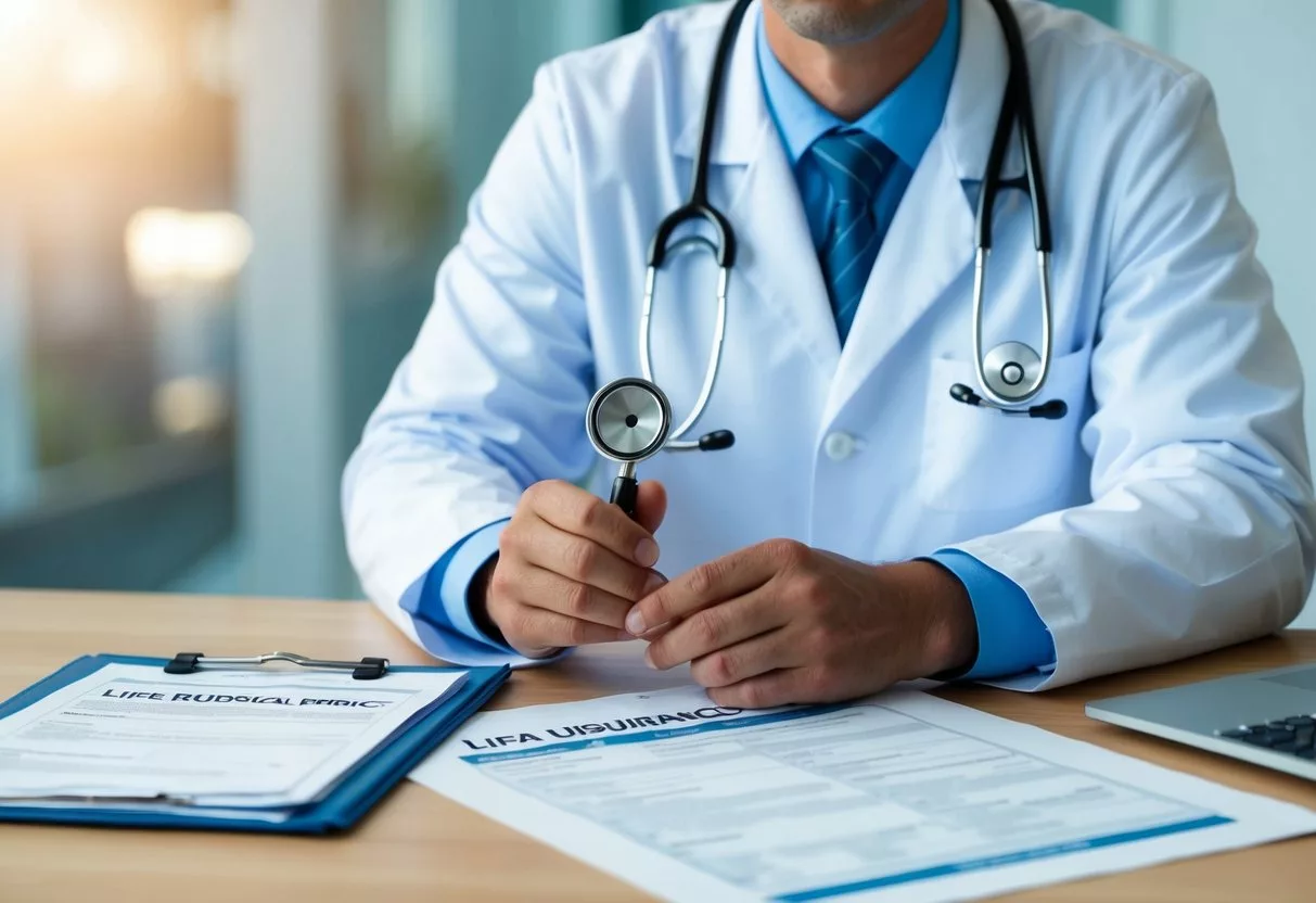 A doctor holding a stethoscope while standing next to a life insurance policy and medical forms on a desk