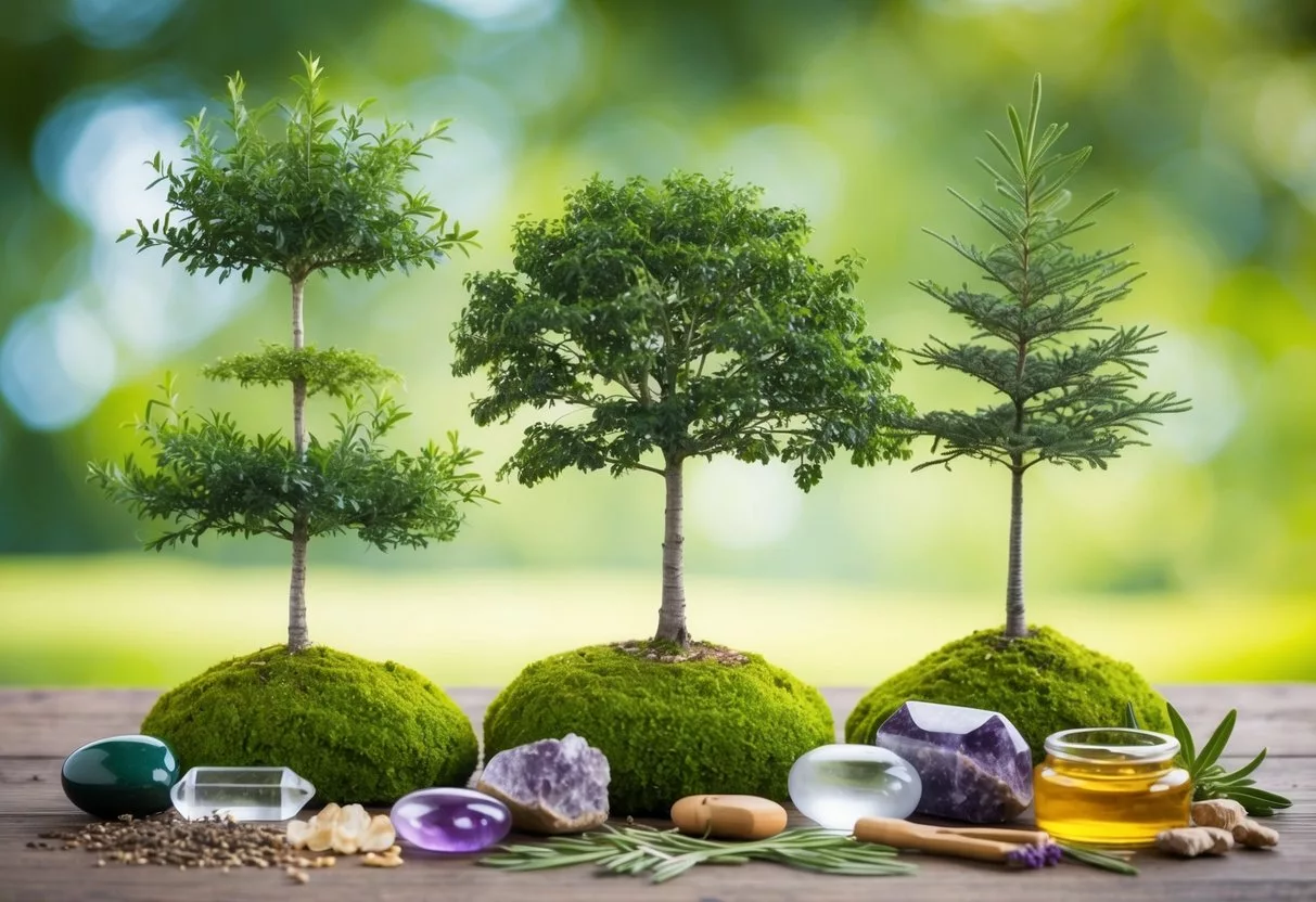 A serene nature scene with a tree at different life stages, surrounded by elements of holistic health such as herbs, crystals, and natural remedies