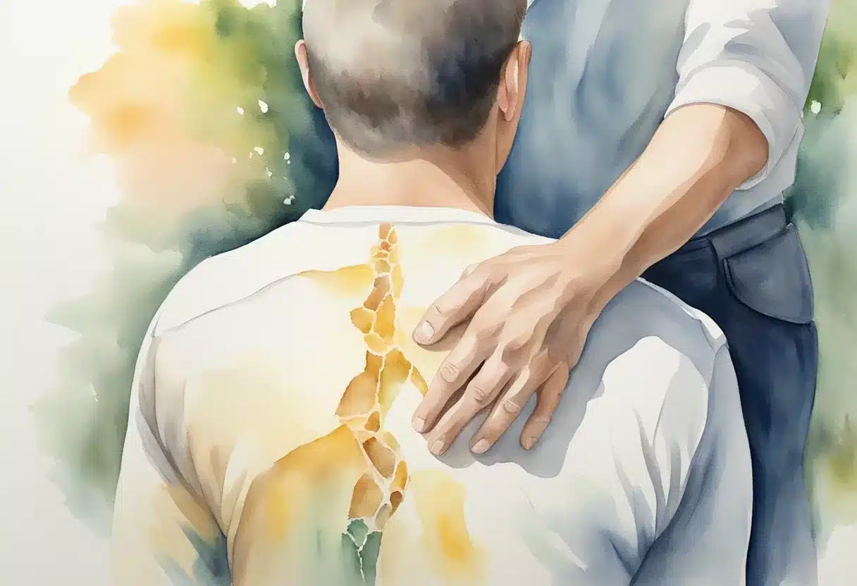 A person's back being cracked by a chiropractor. The chiropractor's hands applying pressure to the person's back, causing it to crack