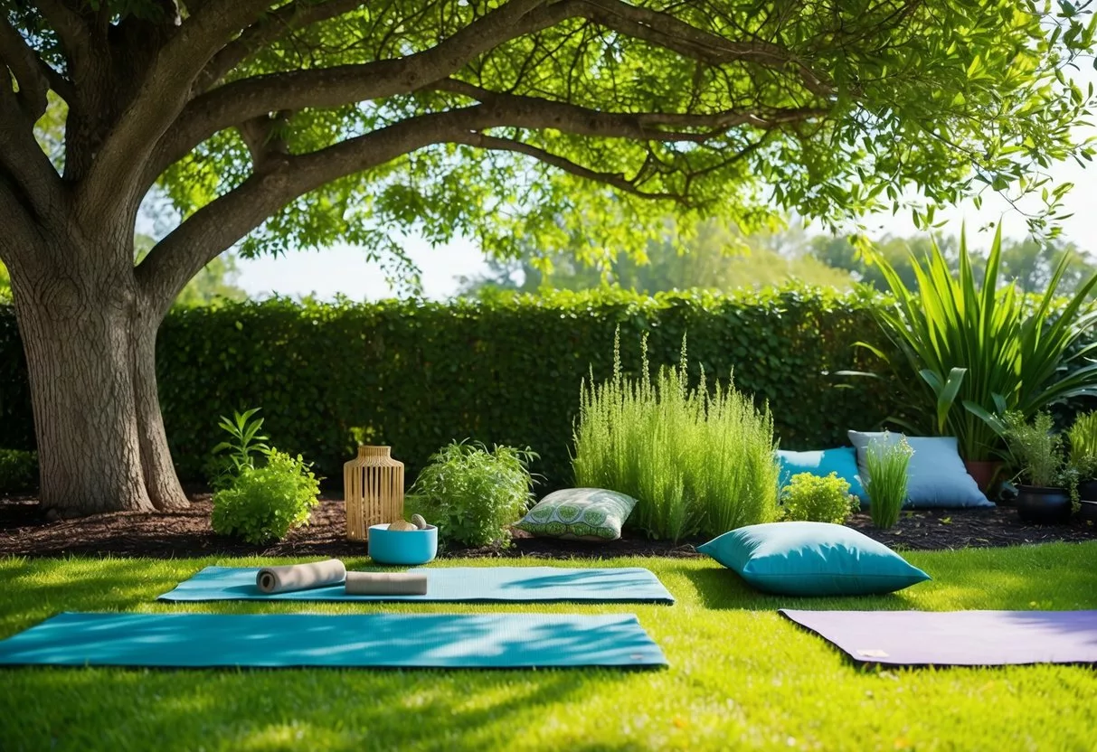 A serene garden with yoga mats, herbal plants, and meditation cushions under a shady tree