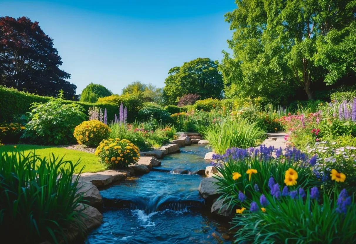 A serene garden with a flowing stream, surrounded by lush greenery and colorful flowers, under a clear blue sky