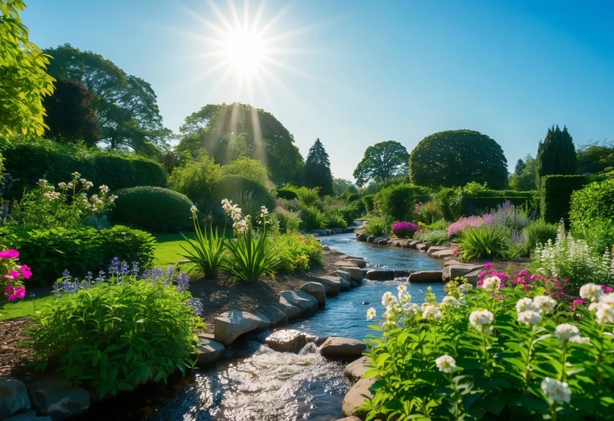 A serene garden with a flowing stream, surrounded by lush greenery and blooming flowers, under a clear blue sky with a radiant sun