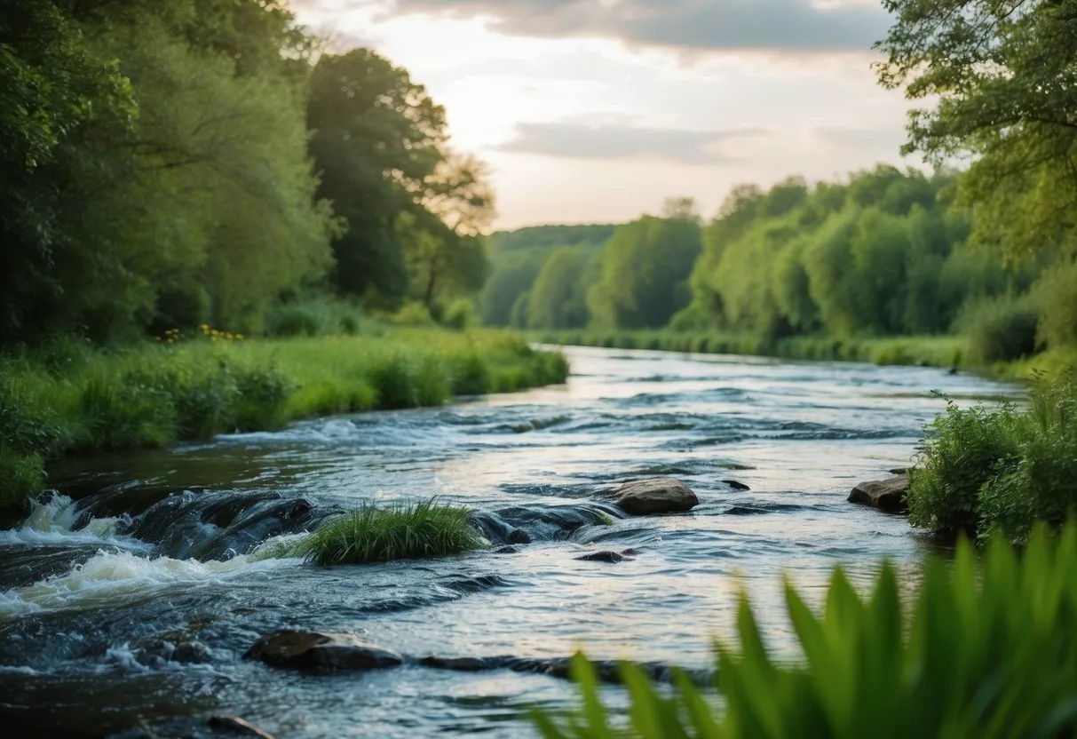 A serene nature scene with a flowing river, lush greenery, and a peaceful atmosphere, evoking a sense of tranquility and holistic wellness