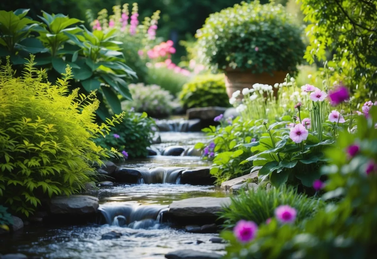 A serene garden with a flowing stream, surrounded by lush greenery and vibrant flowers, exuding a sense of tranquility and balance