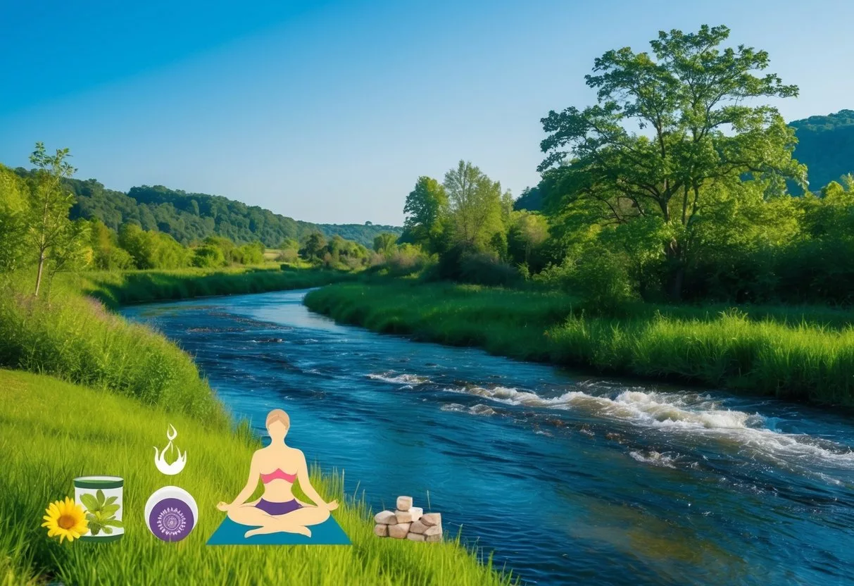 A serene landscape with a flowing river, lush greenery, and a clear blue sky, featuring elements of yoga, meditation, and natural remedies