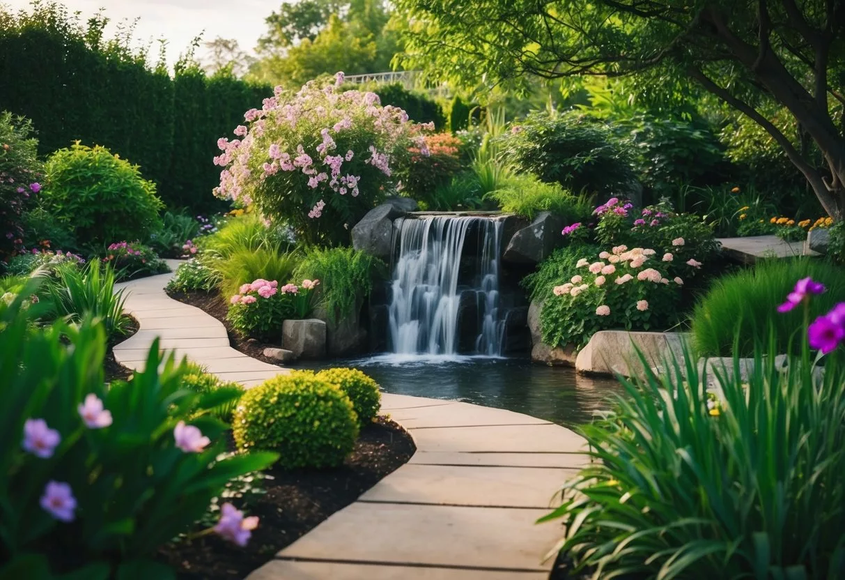 A serene garden with a winding path, blooming flowers, and a peaceful waterfall surrounded by lush greenery