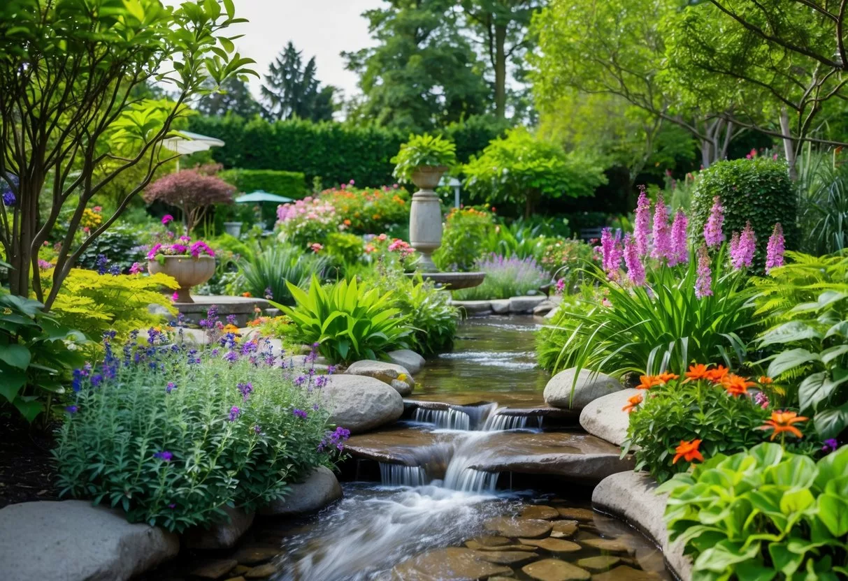 A serene garden with a flowing stream, lush greenery, and a peaceful meditation area surrounded by blooming flowers and vibrant plants