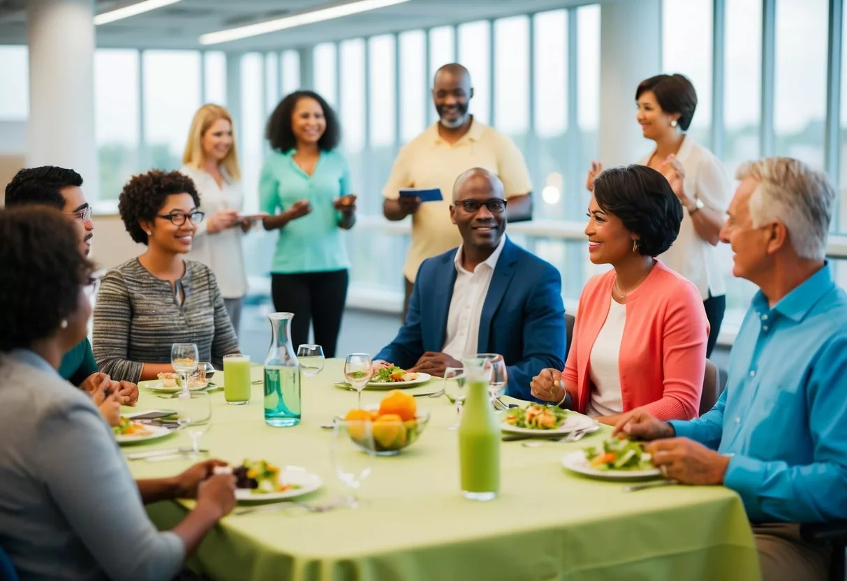 A group of people attending a diabetes management program, engaging in discussions, exercise, and healthy eating demonstrations