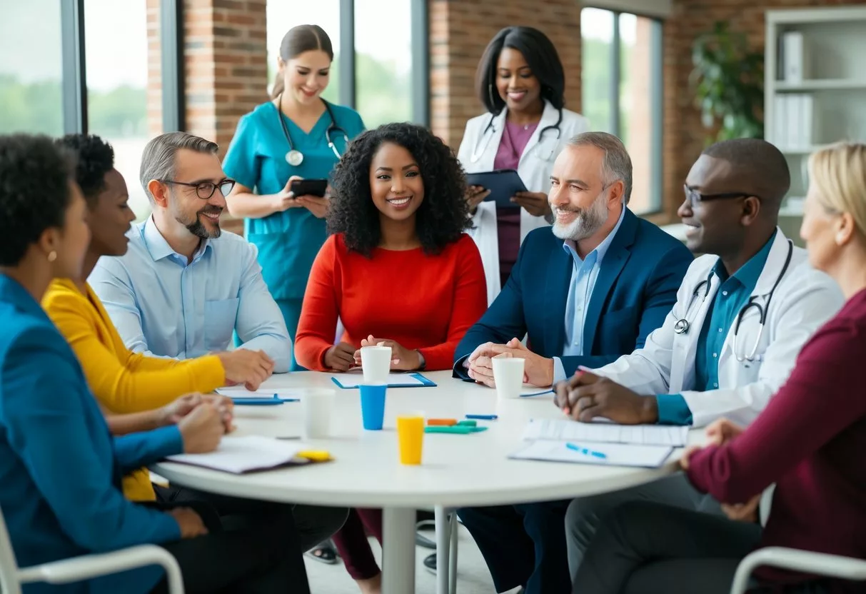 A group of diverse individuals attend a diabetes management program, engaging in discussions and activities led by healthcare professionals