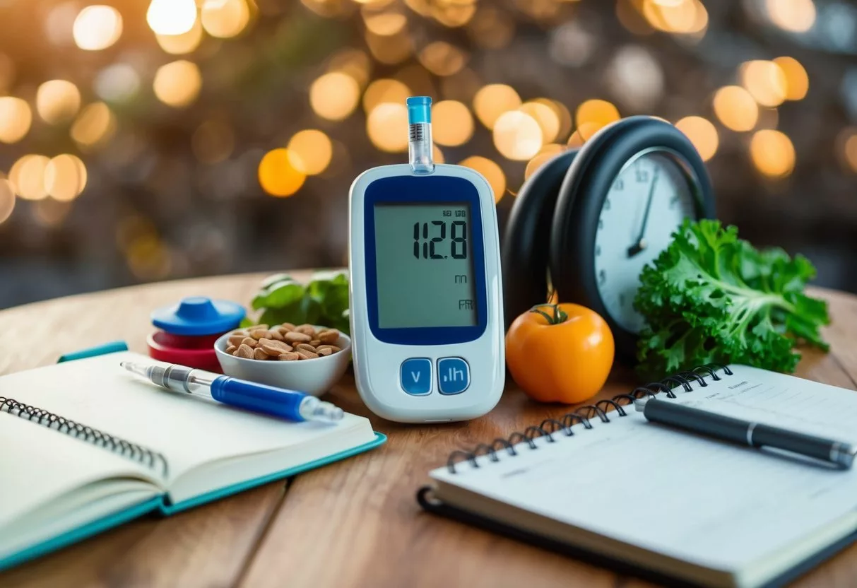 A table with a blood glucose monitor, insulin pen, healthy food, exercise equipment, and a journal for tracking progress