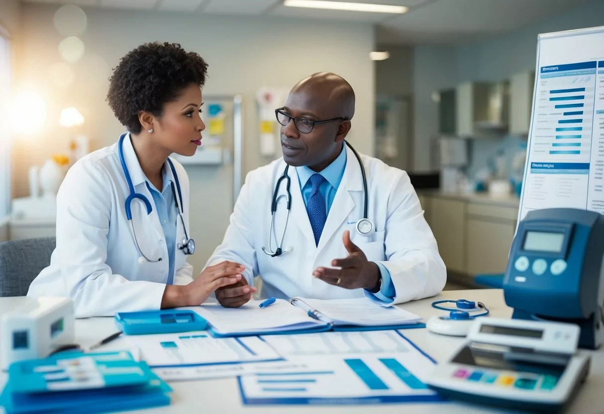 A doctor discussing diabetes management with a patient, surrounded by charts, medical equipment, and informational pamphlets