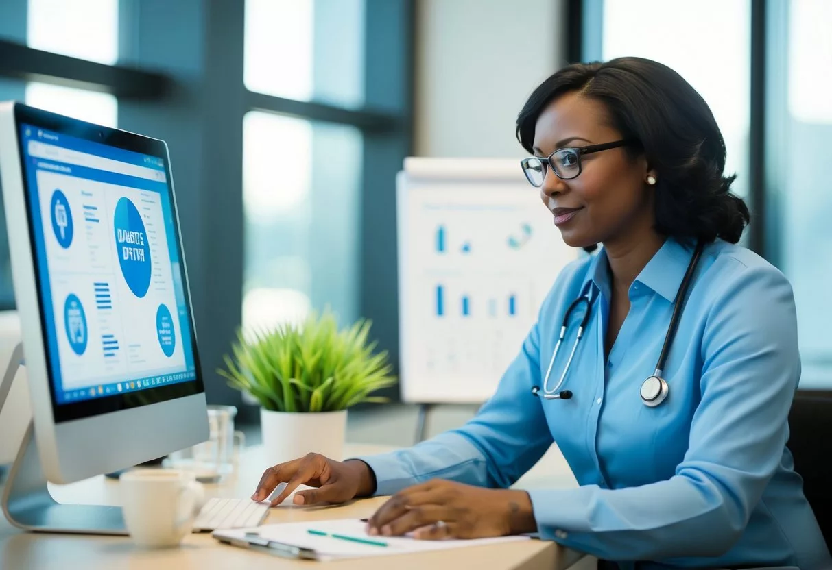 A diabetes educator sits at a desk, reviewing charts and diagrams. A computer displays a diabetes management program on the screen