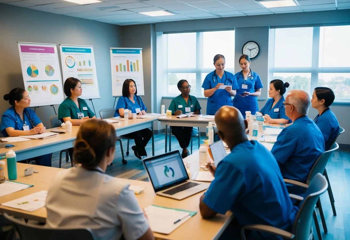 A group of healthcare professionals conducting a workshop on preventing and managing diabetes complications. Charts, graphs, and educational materials are displayed around the room