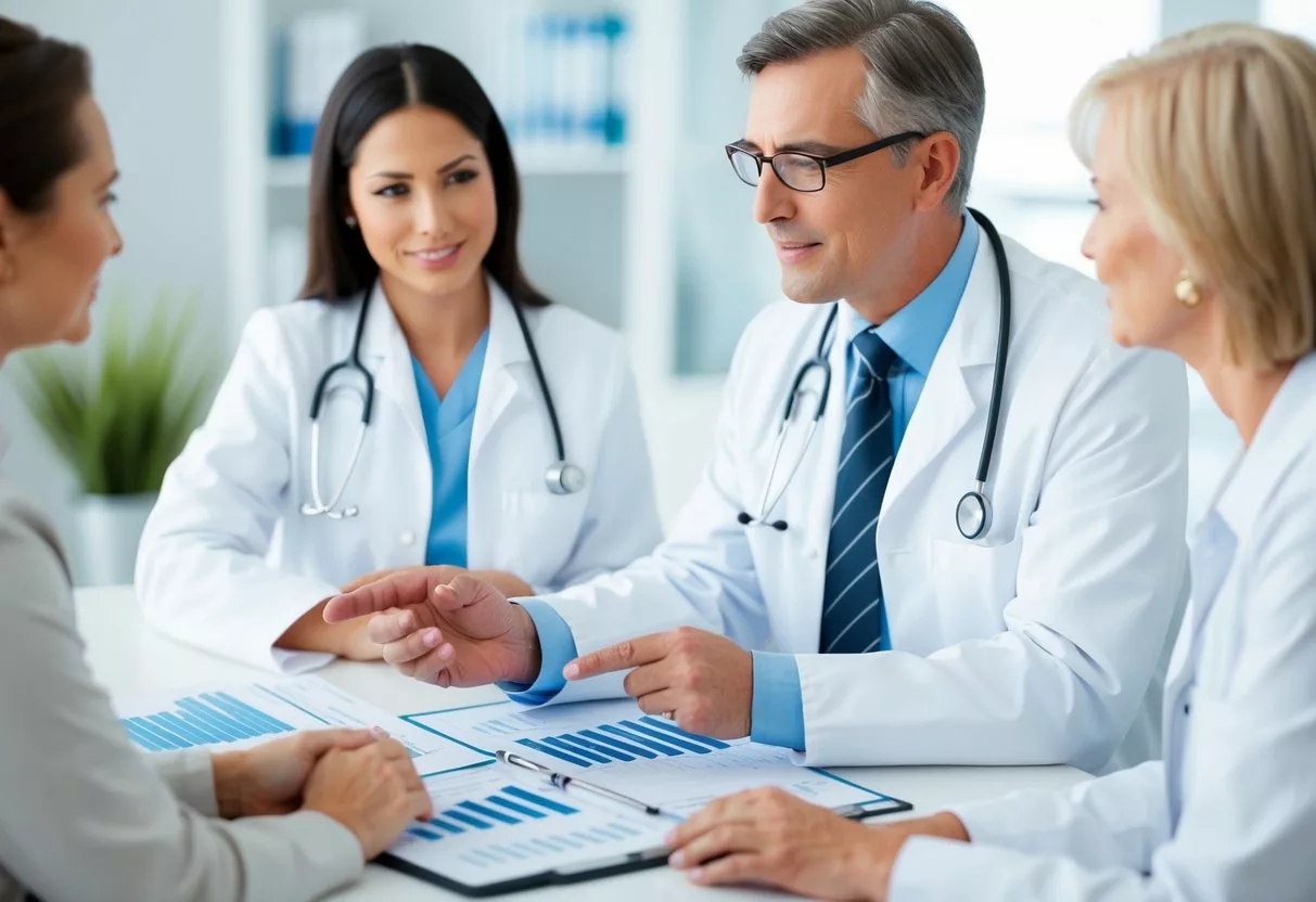 A medical professional reviewing charts and graphs, discussing diabetes treatment options with a patient