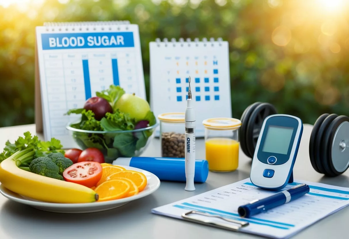 A table with a glucometer, insulin pen, healthy food, and exercise equipment. A chart showing blood sugar levels and a calendar with scheduled doctor appointments