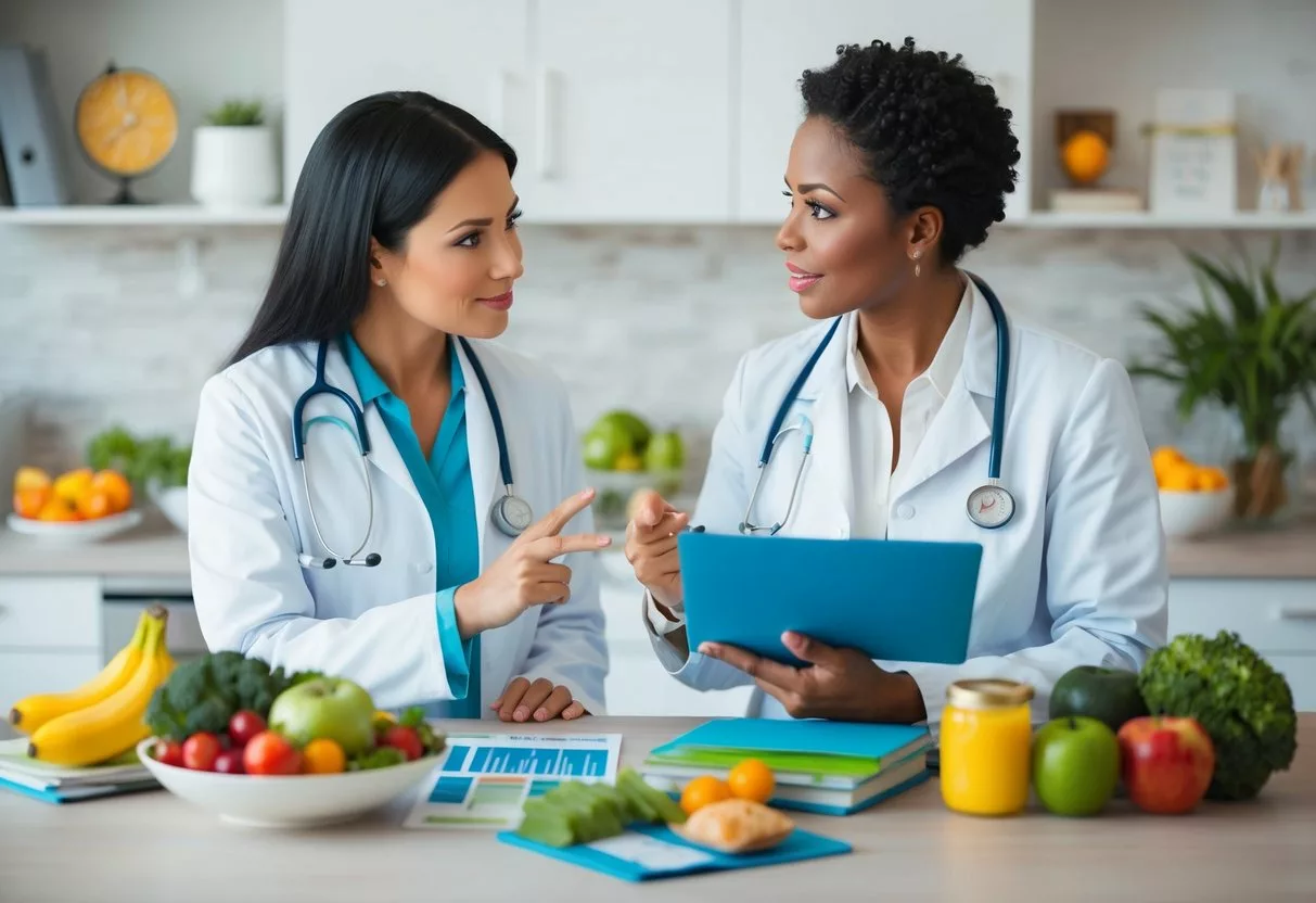 A dietitian discussing nutrition with a patient, surrounded by a variety of healthy food options and educational materials