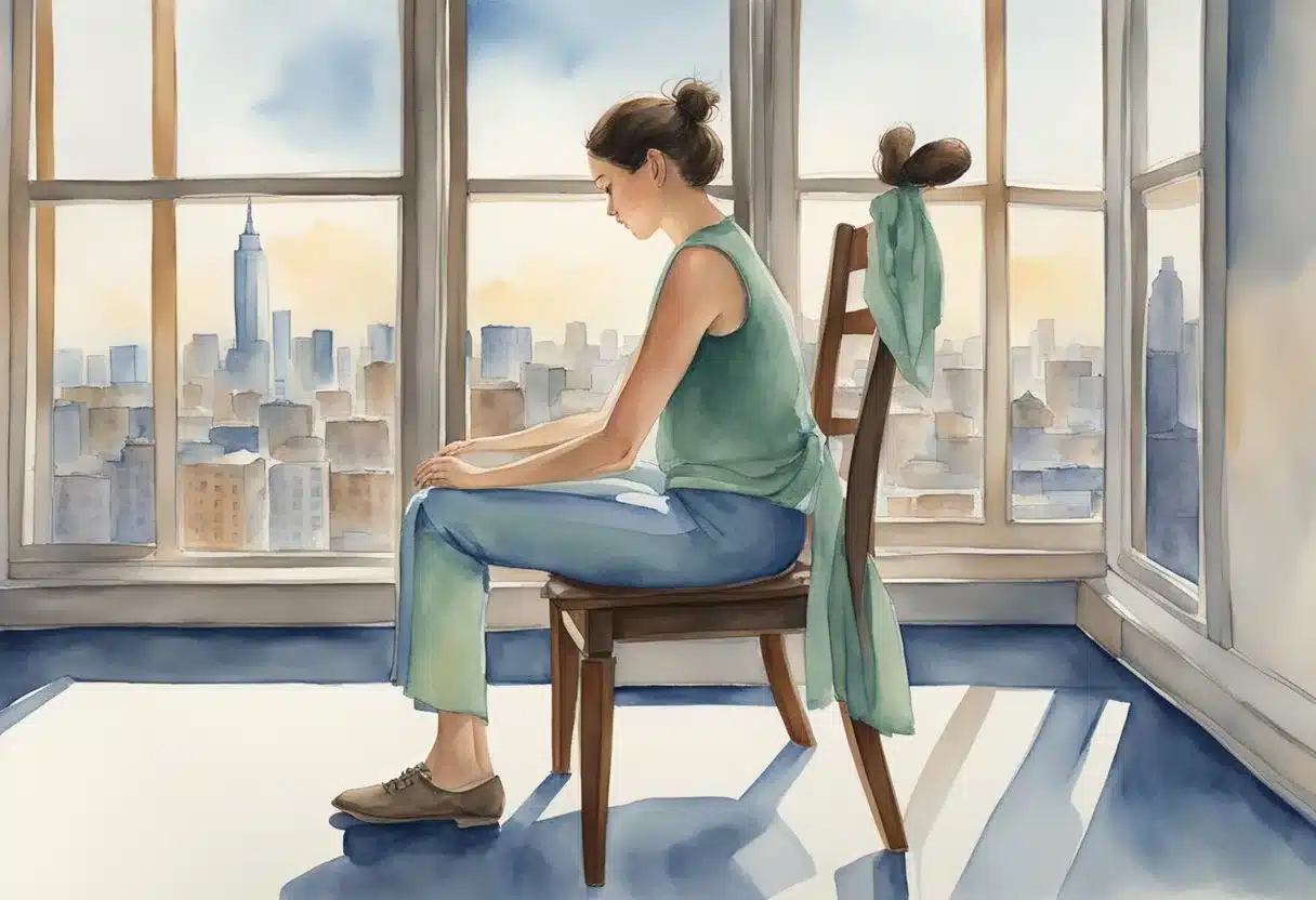 A person sitting in a chair, twisting their torso to crack their back. The chair is positioned in front of a window with a view of a city skyline