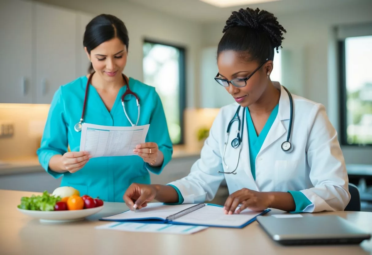 A dietitian adjusting meal plans while reviewing patient charts and nutrition guidelines