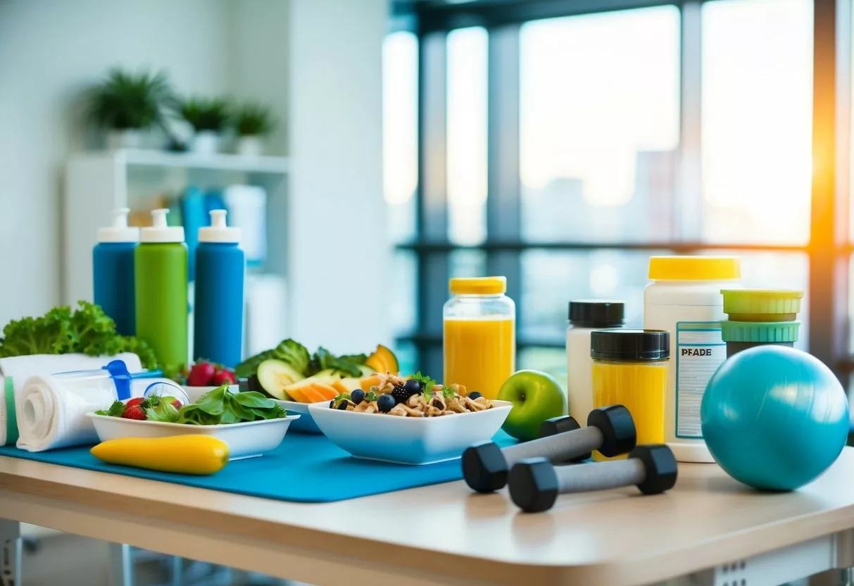 A table with healthy food, exercise equipment, and medical supplies arranged in a clinic setting