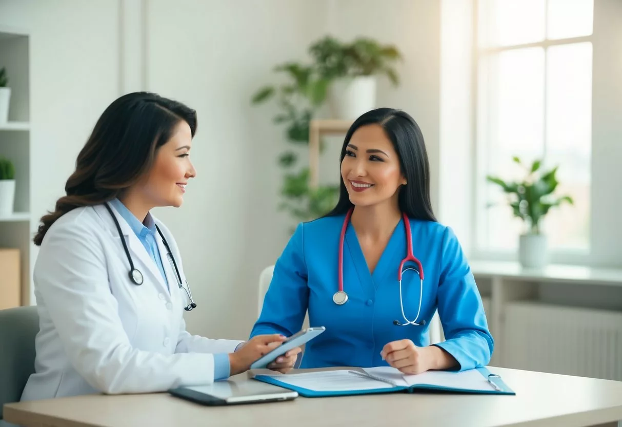 A registered dietitian counseling a patient on medical nutrition therapy in a peaceful and comfortable office setting