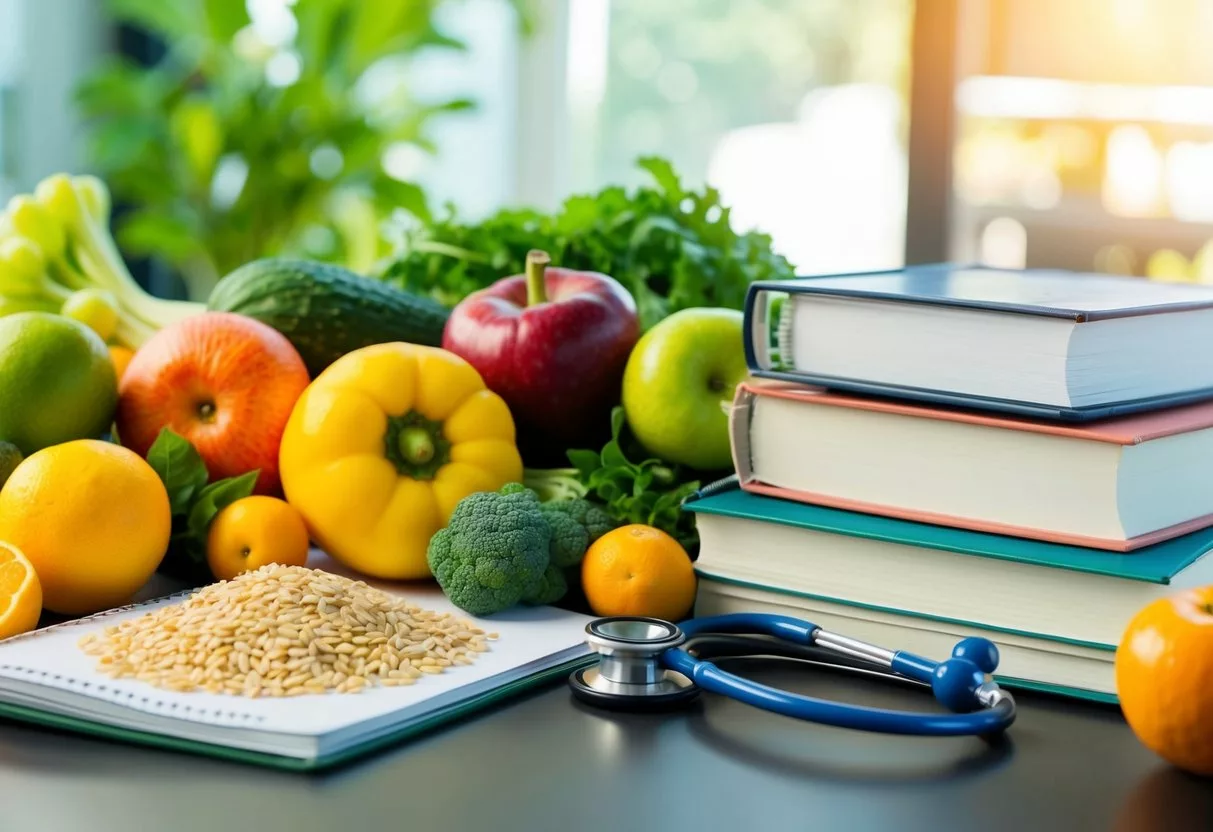 A table with various fruits, vegetables, and whole grains, alongside a stack of medical textbooks and a stethoscope