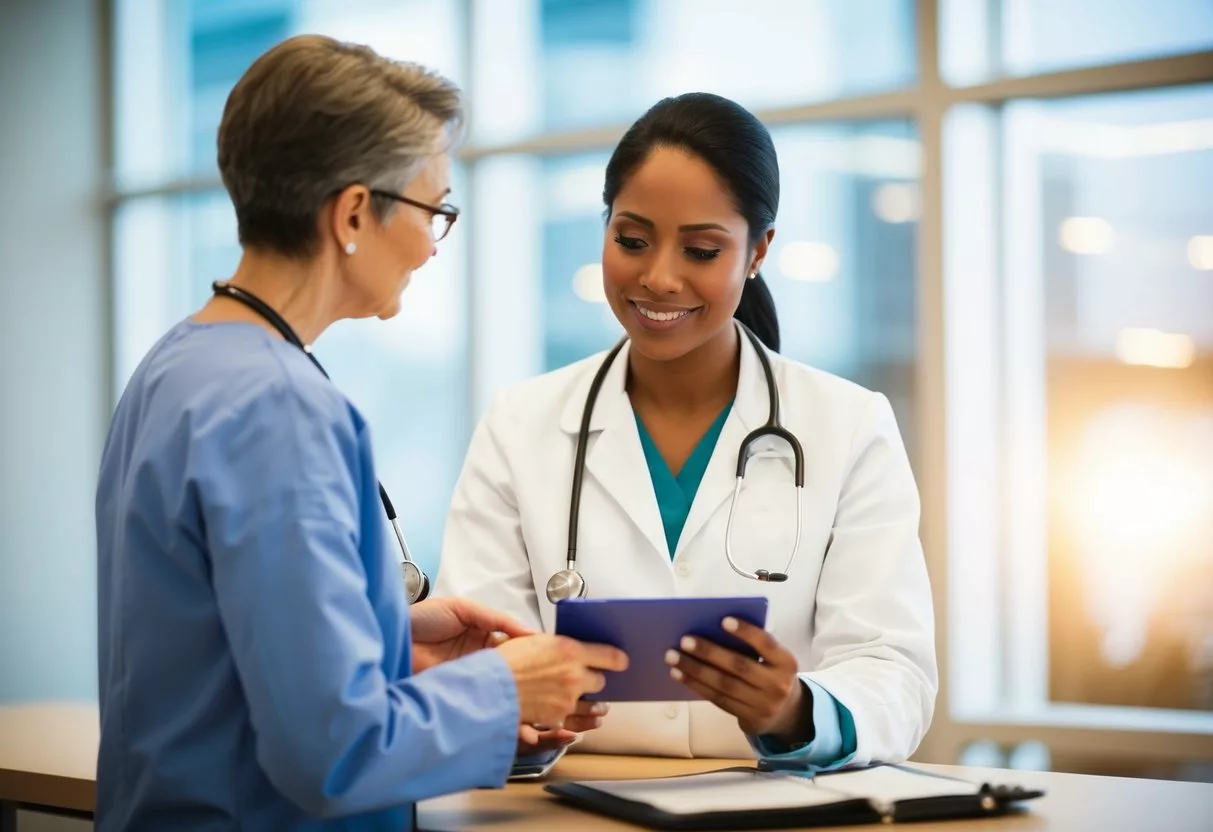 A registered dietitian counseling a patient on medical nutrition therapy in a clinical setting