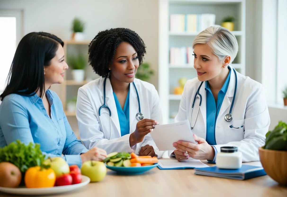 A dietitian discussing nutrition with a patient, surrounded by food groups and educational materials