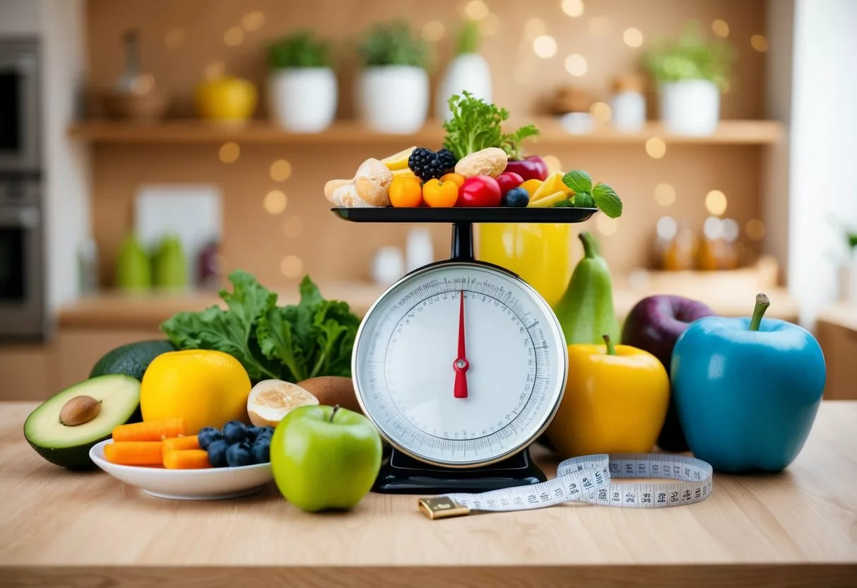 A table with a variety of healthy foods, a scale, and a measuring tape