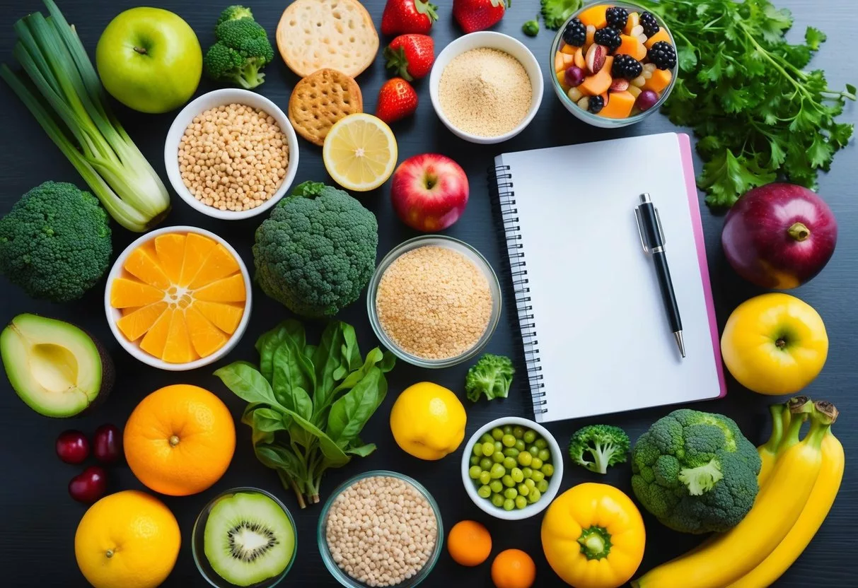 A table with various fruits, vegetables, grains, and protein sources arranged in a balanced and colorful manner, alongside a notebook and pen for planning and tracking dietary changes