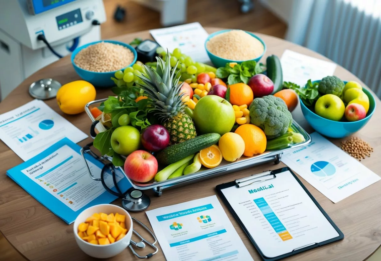 A table filled with fresh fruits, vegetables, and whole grains, surrounded by medical equipment and research papers on the benefits of medical nutrition therapy