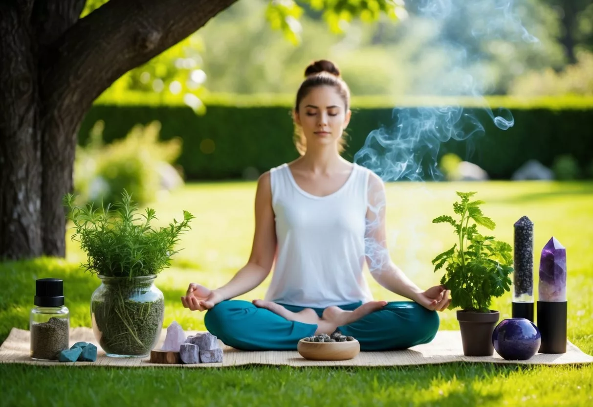 A tranquil garden with herbs, crystals, and burning incense. A person meditates under a shady tree