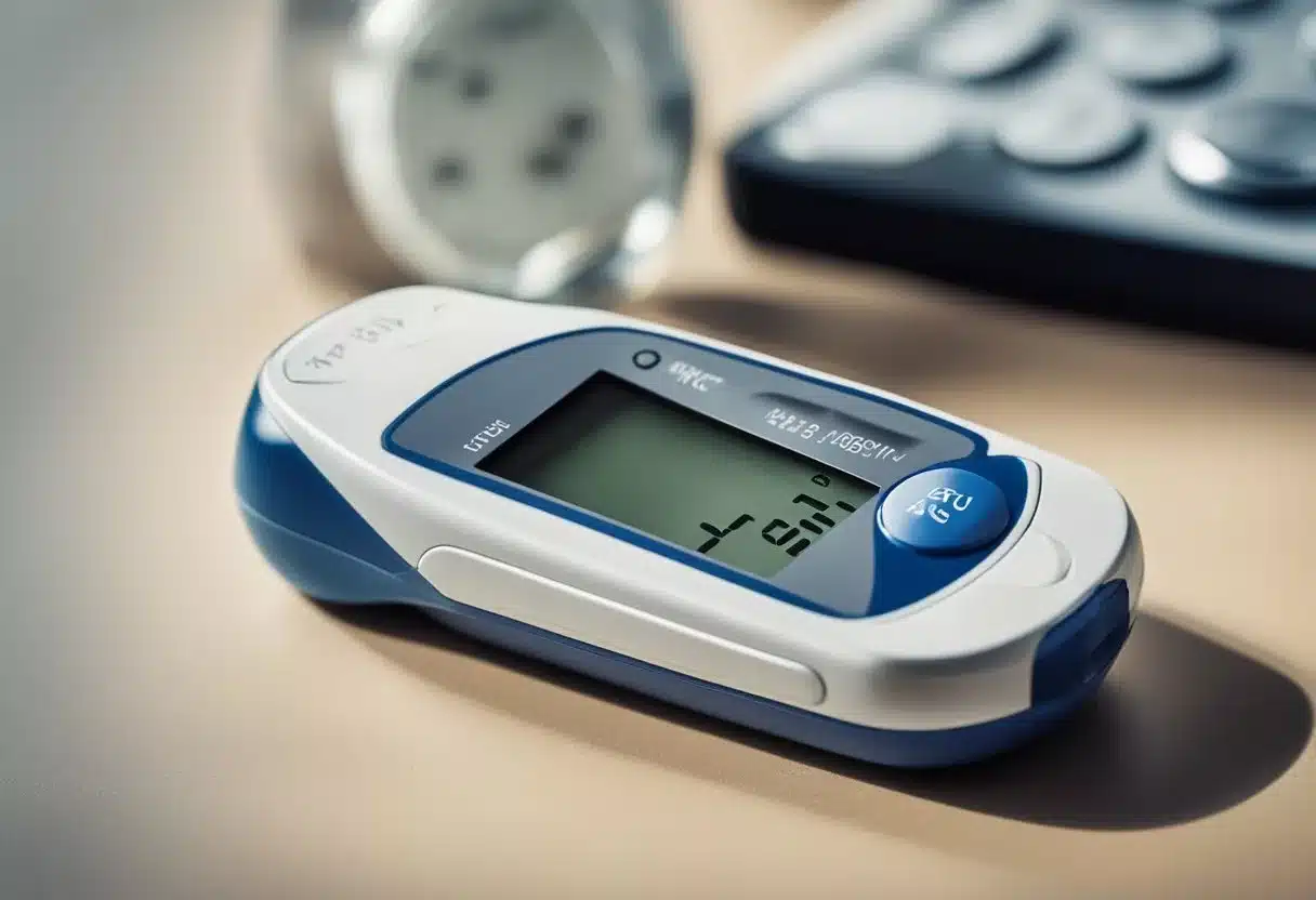 A blood glucose meter displaying a high A1c level. A concerned figure looking at the result with a worried expression