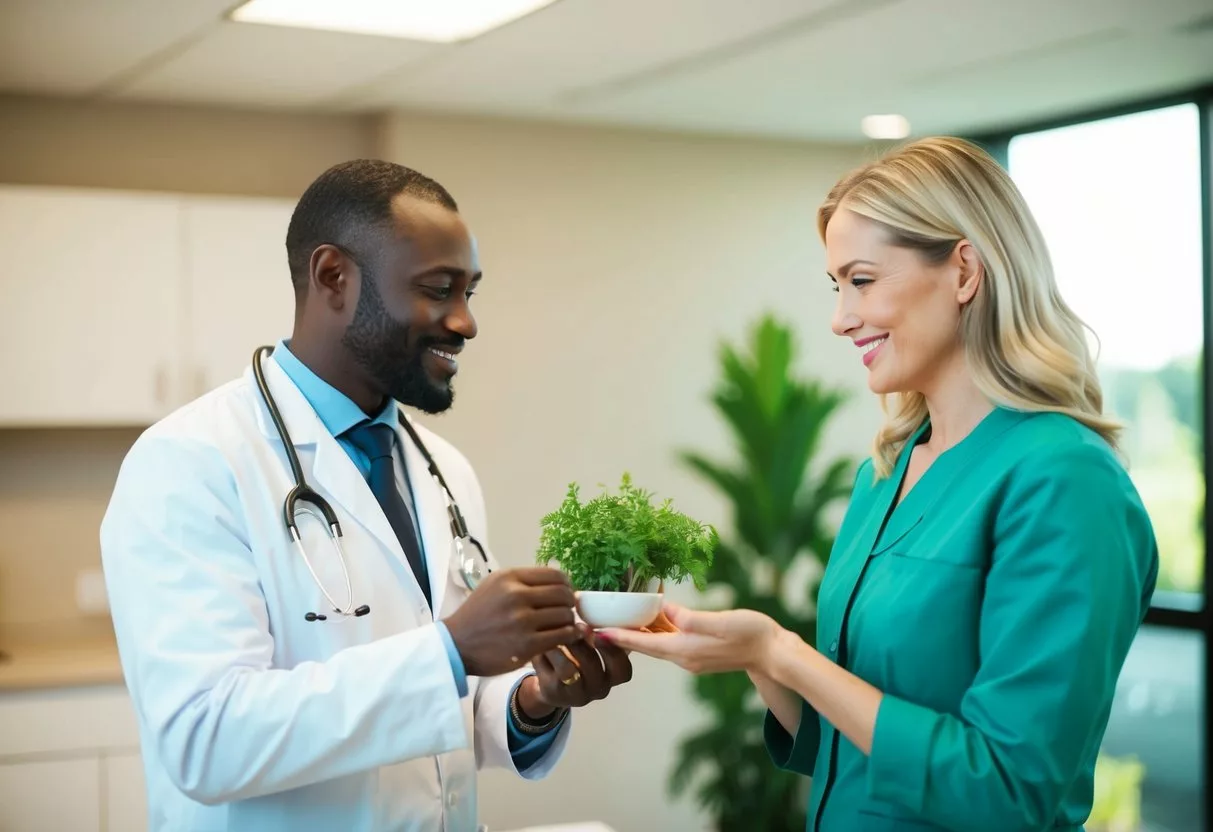 A doctor and a herbalist exchange knowledge in a modern clinic