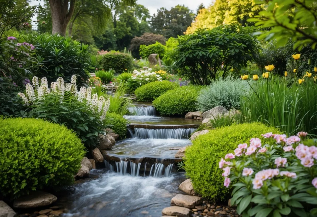 A serene garden with a flowing stream, surrounded by lush greenery and blooming flowers, with a tranquil atmosphere