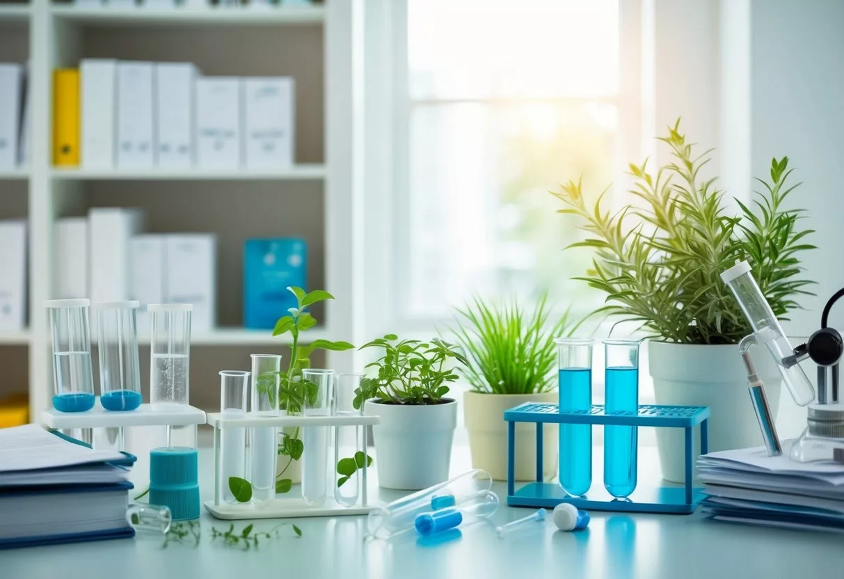 A serene laboratory setting with test tubes, plants, and scientific equipment, surrounded by shelves of research papers and books on alternative medicine