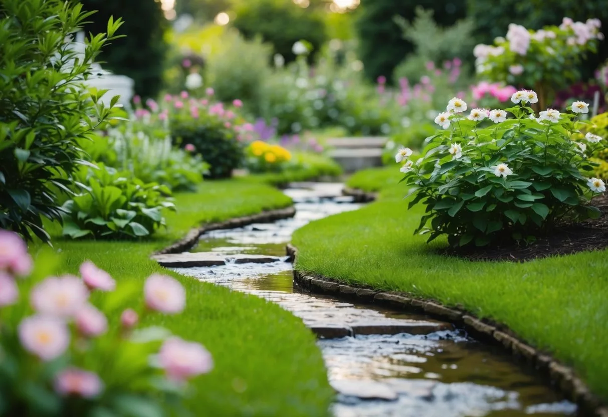 A serene garden with a winding path, surrounded by lush greenery and blooming flowers. A small stream trickles through the peaceful setting, creating a sense of tranquility and natural healing