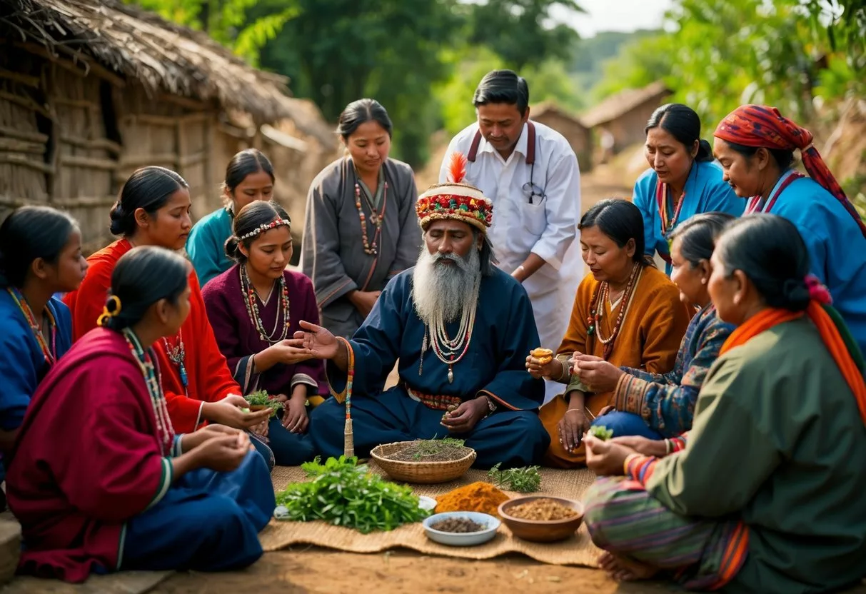 A group of people in traditional clothing gather around a medicine man, surrounded by herbs and natural remedies, in a rural village setting