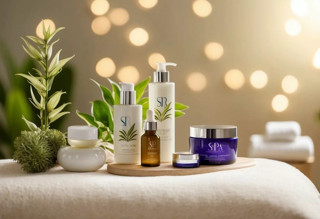 A serene spa setting with soft lighting, botanical decor, and a variety of skincare products and tools for anti-aging treatments