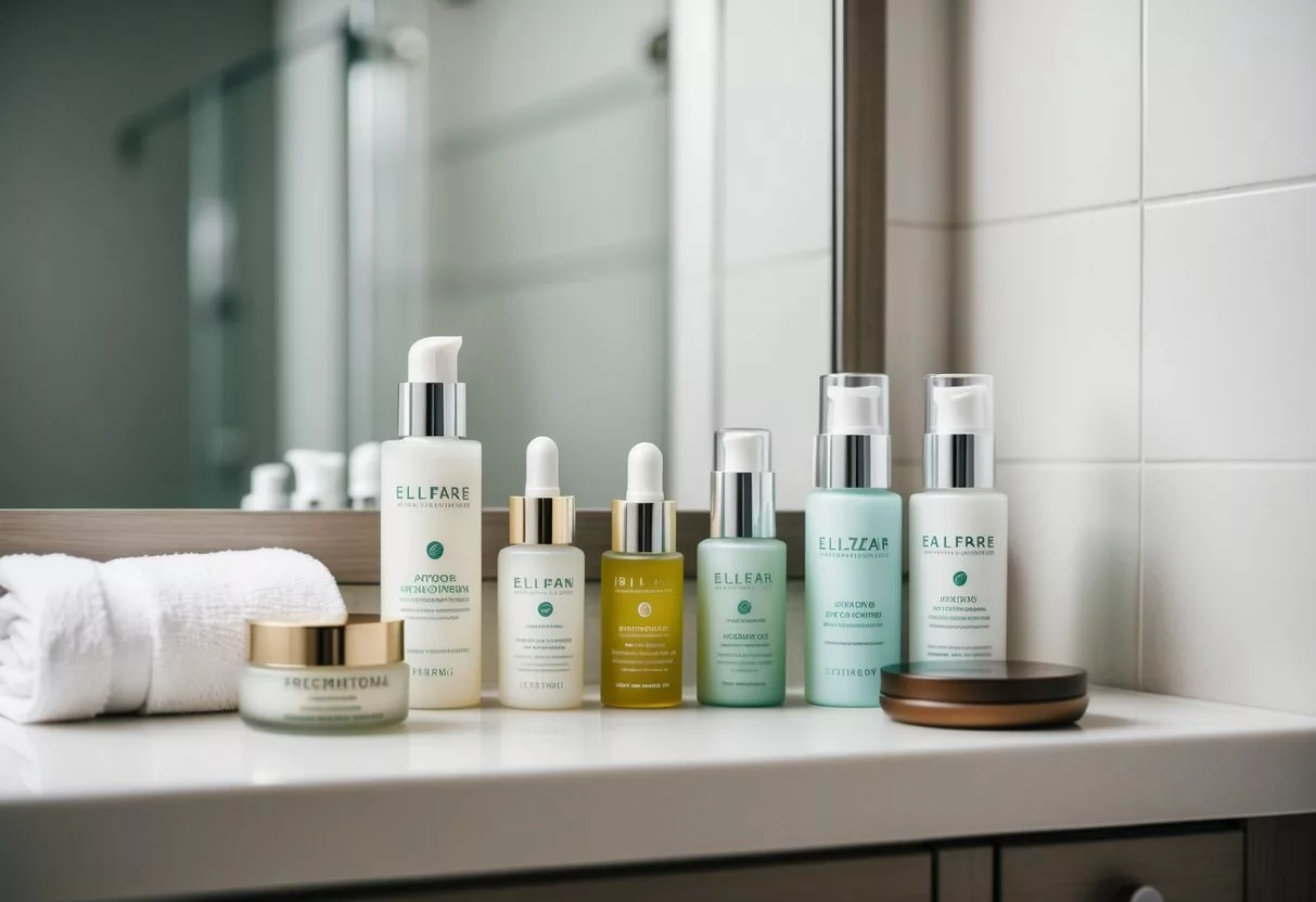 A serene bathroom counter with various skincare products, including bottles of anti-aging serums, moisturizers, and creams, arranged neatly next to a soft towel and a mirror