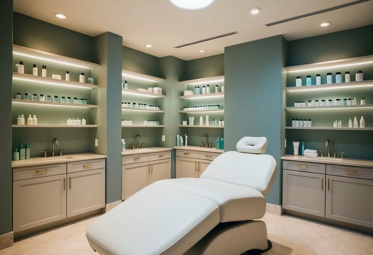 A serene spa room with soft lighting, shelves of skincare products, and a comfortable treatment chair for chemical peels and exfoliation anti-aging treatments