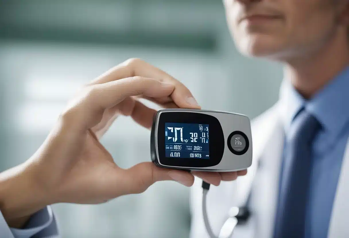 A blood glucose meter displaying a high A1c level. A doctor looks concerned while discussing treatment options with a patient