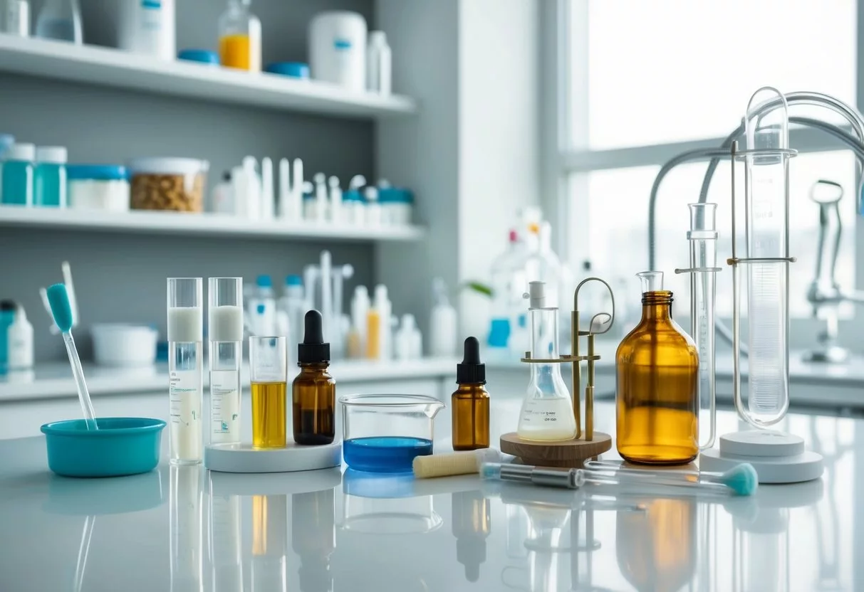 A laboratory setting with various skincare ingredients and equipment, such as test tubes, beakers, and scientific instruments, arranged on a clean, white countertop